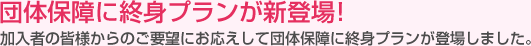 団体保障に終身プランが新登場！ 加入者の皆様からのご要望にお応えして団体保障に終身プランが登場します。